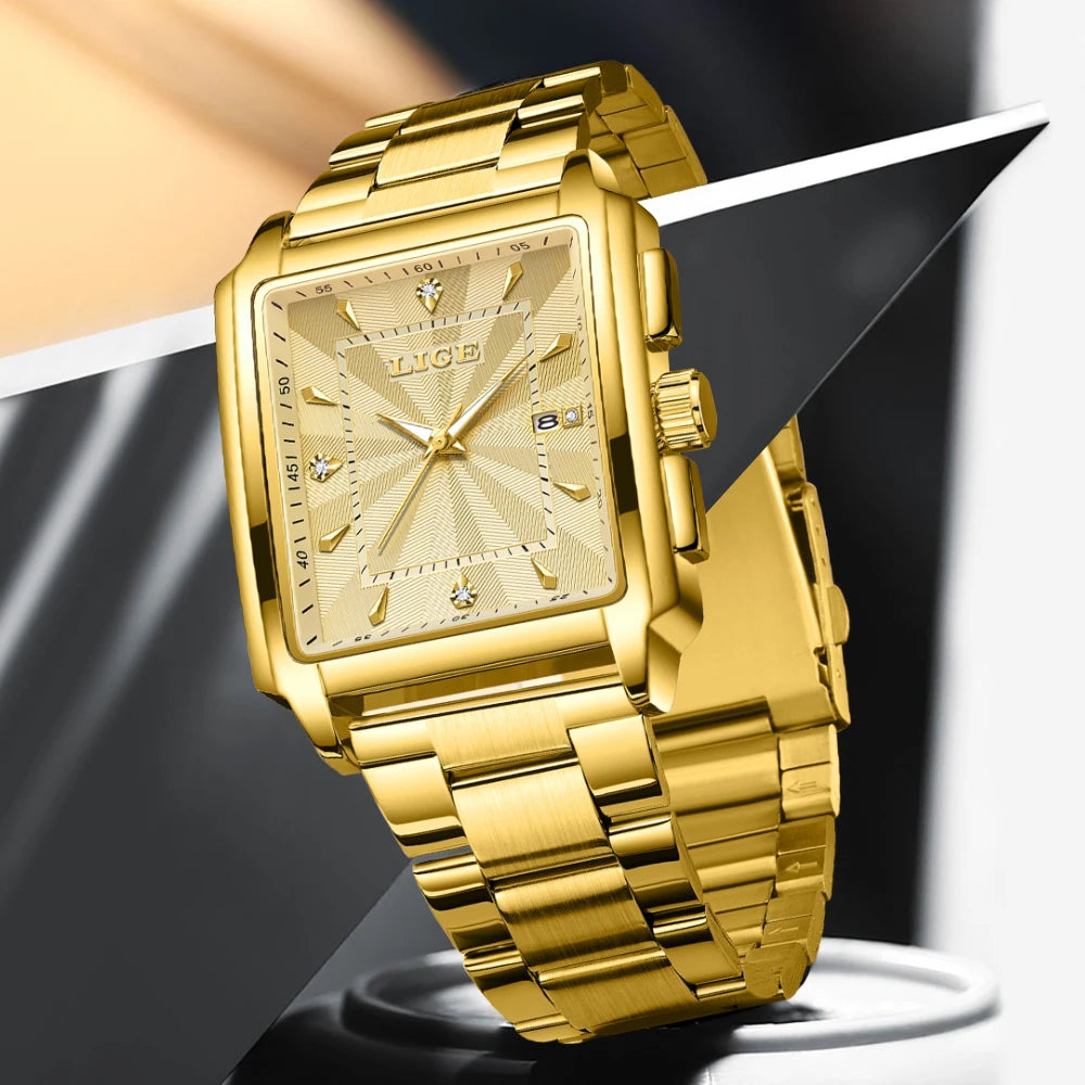 Reloj de pulsera LIGE de lujo para hombre, resistente al agua, luminoso, con fecha, de acero inoxidable, reloj cuadrado deportivo para hombre, reloj de cuarzo casual