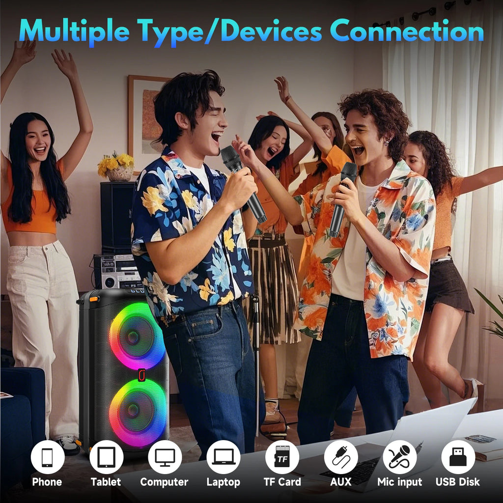 Altavoz inalámbrico Bluetooth T27, máquina de karaoke con 2 micrófonos, altavoz de karaoke para fiestas en casa con luz LED