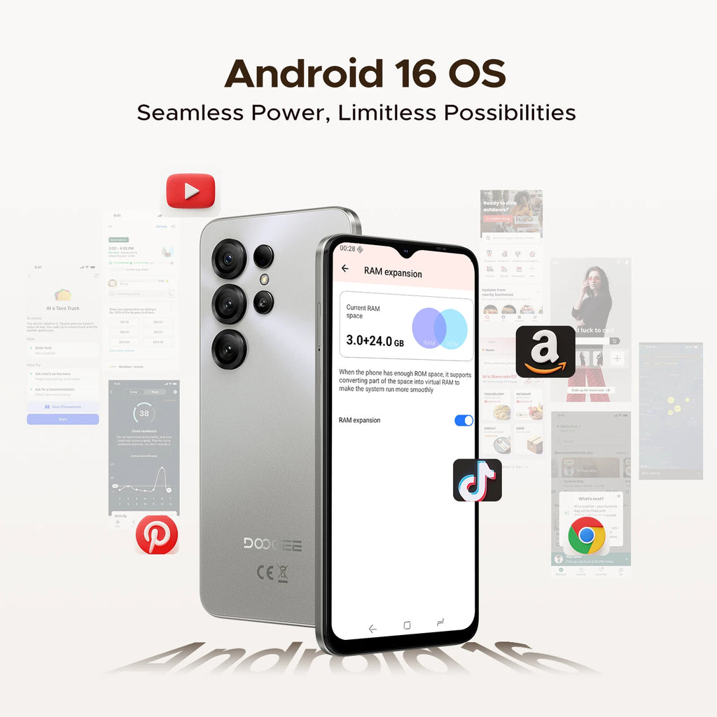 Versión Global DOOGEE Note56 X Smartphone Android 16 24GB RAM(3GB+21GB) 64GB ROM Pantalla de 6.56'' Batería de 6150mAh Teléfono Móvil