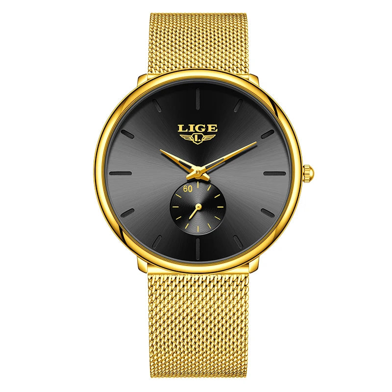 Reloj de cuarzo de lujo para hombre, marca LIGE, diseño moderno, informal, ultrafino, con malla de acero, resistente al agua, deportivo.
