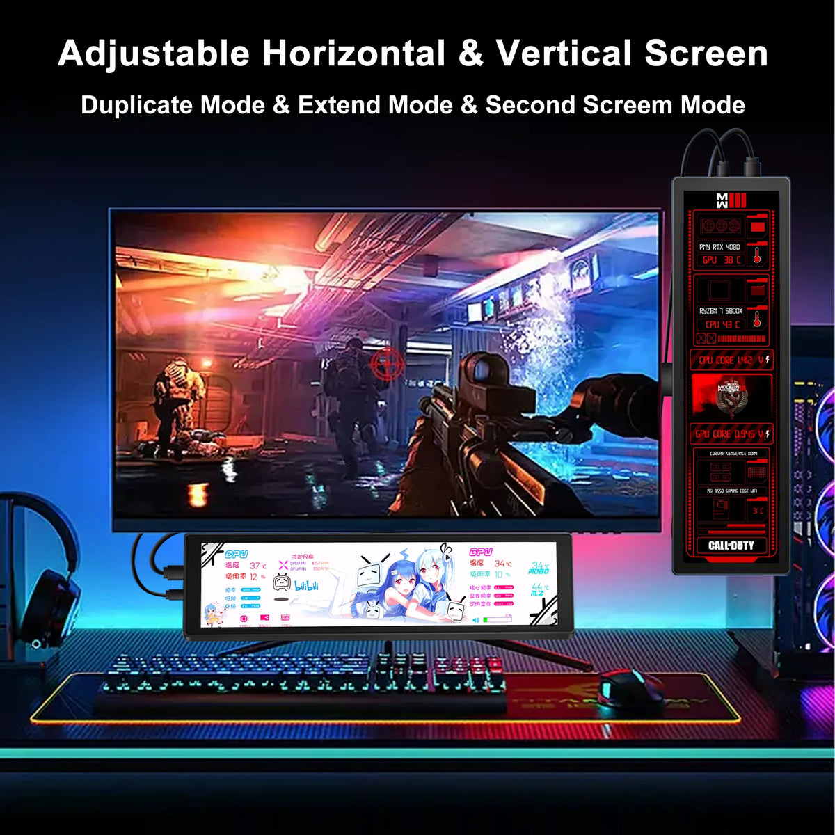 Monitor portátil de 11,3/7,84/8,8 pulgadas, pantalla de tira larga estirada, pantalla LCD IPS de 1920x440 para Raspberry Pi AIDA64 PC portátil
