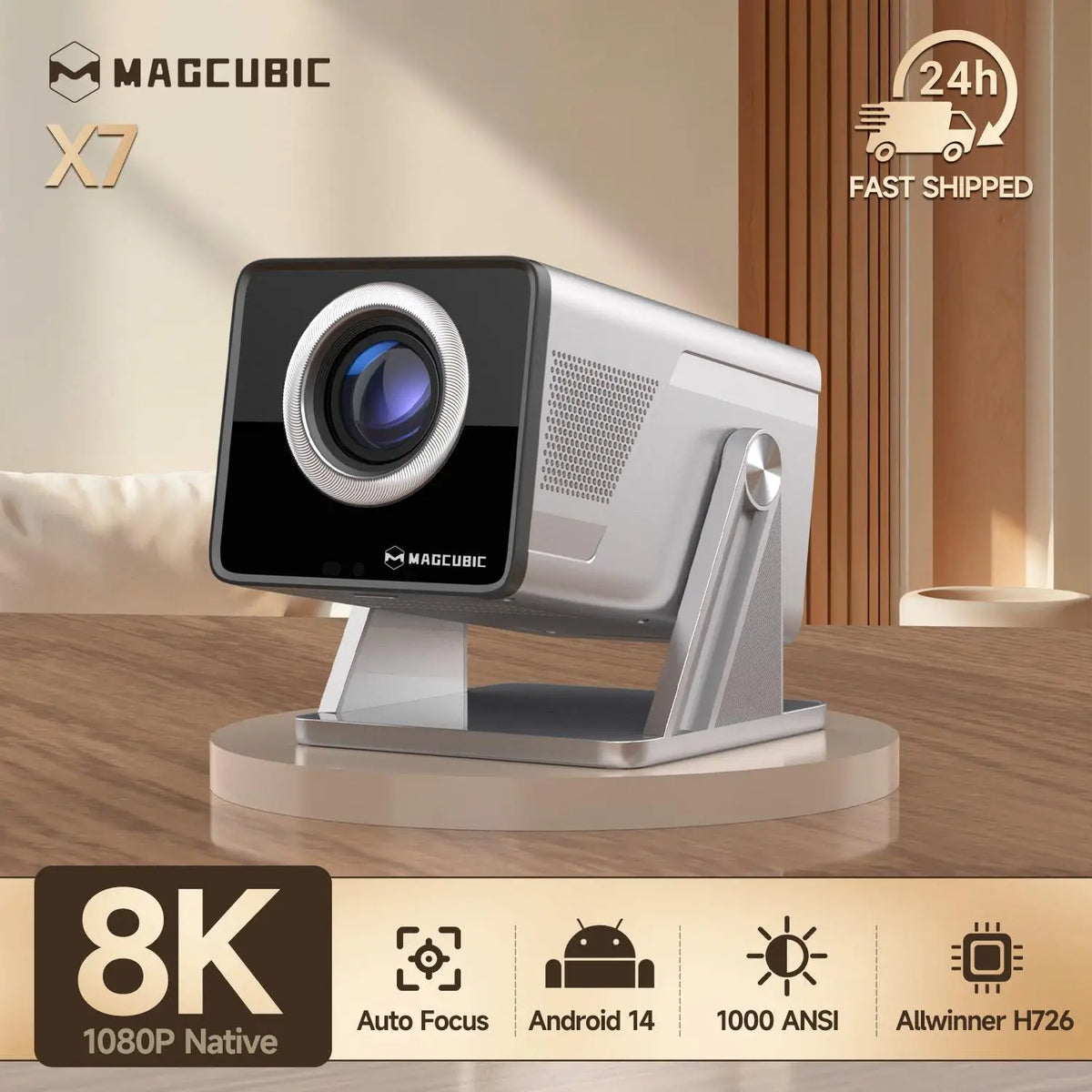 Proyector Magcubic 8K compatible con HD 1080P 1000ANSI X7 con altavoz de 5W Android 14 WiFi6 BT5.4 proyector de cine en casa de vídeo para exteriores