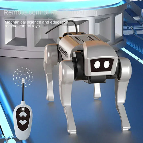 Perro robot mecánico blanco y negro con control remoto, diseño con patas articuladas