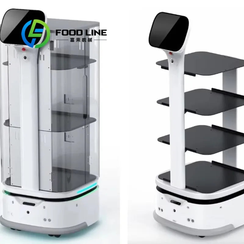 Robot de servicio blanco con compartimento transparente y bandejas laterales