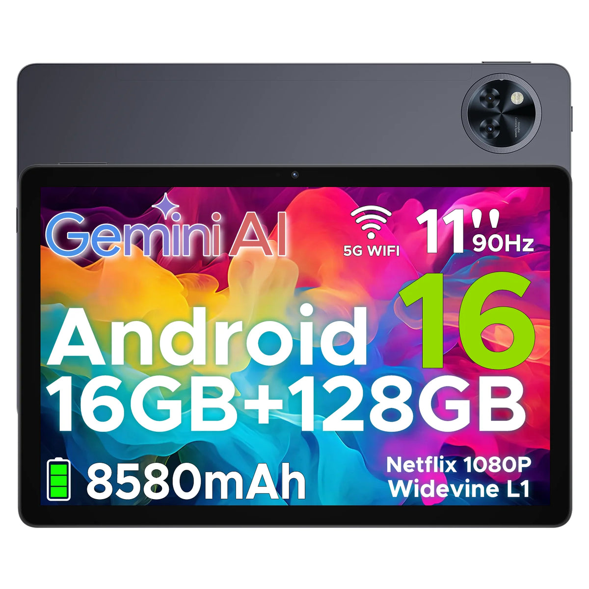Tablet PC DOOGEE U11 con Android, pantalla ultraclara de 16 pulgadas y 90Hz, 4 GB de RAM, 128 GB de ROM, batería de 8580 mAh, altavoz dual, compatible con Widevine L1