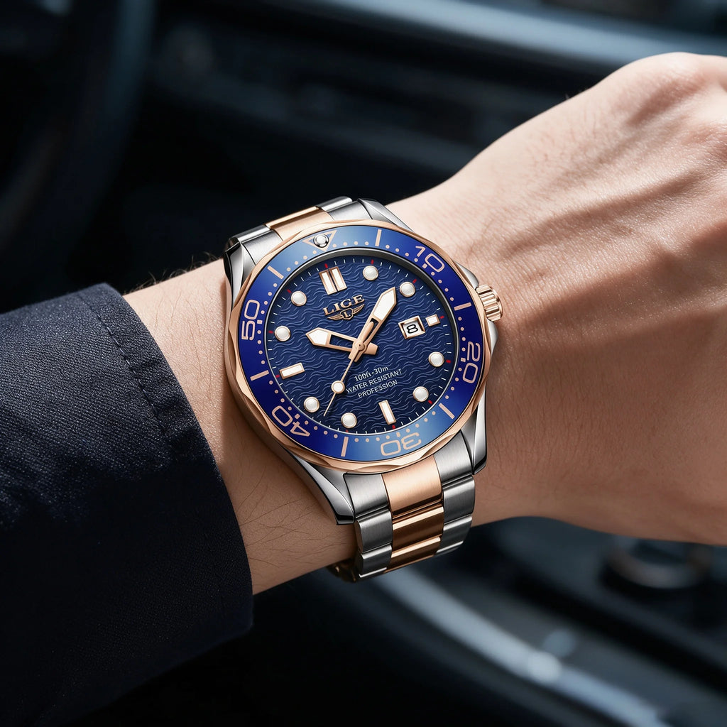 LIGE Classic Quartz Watch for Men Rotating Bezel Luminous Calendar Business Men's Watches Stainless Steel Man Wristwatch+Box