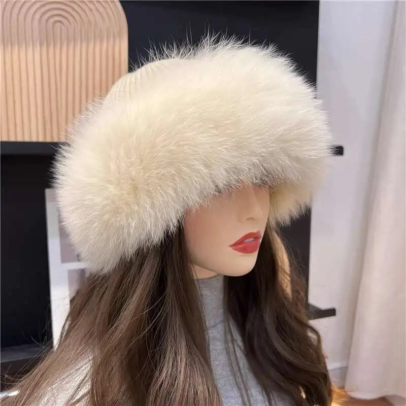 Gorro de piel de zorro para mujer, gorro con protección para los oídos grueso y cálido para invierno, gorro de piel de punto cálido para exteriores, gorros de bombardero de piel de zorro Real