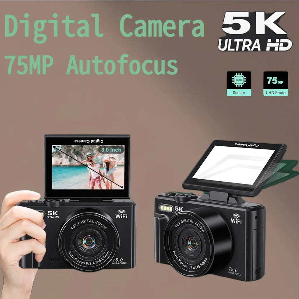 Cámara digital 5K para fotografía Cámara Vlogging de 75 MP para YouTube 3" 180 °   Pantalla abatible, cámara de disparo puntual con zoom digital 18X de 32 GB