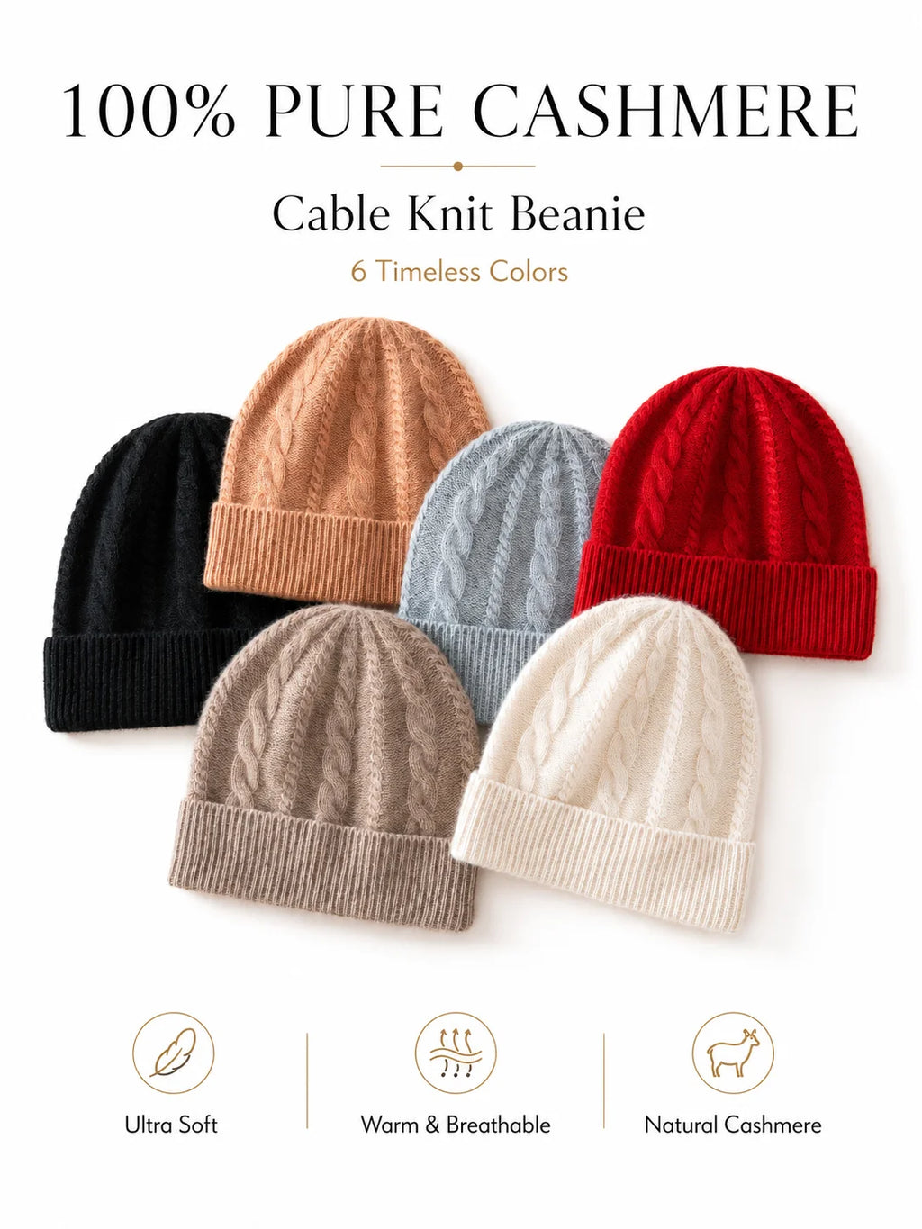Gorro de punto trenzado 100% cachemira pura para mujer y hombre, suave y cálido para invierno, gorro clásico con puño acanalado, gorro unisex con puño plegado clásico