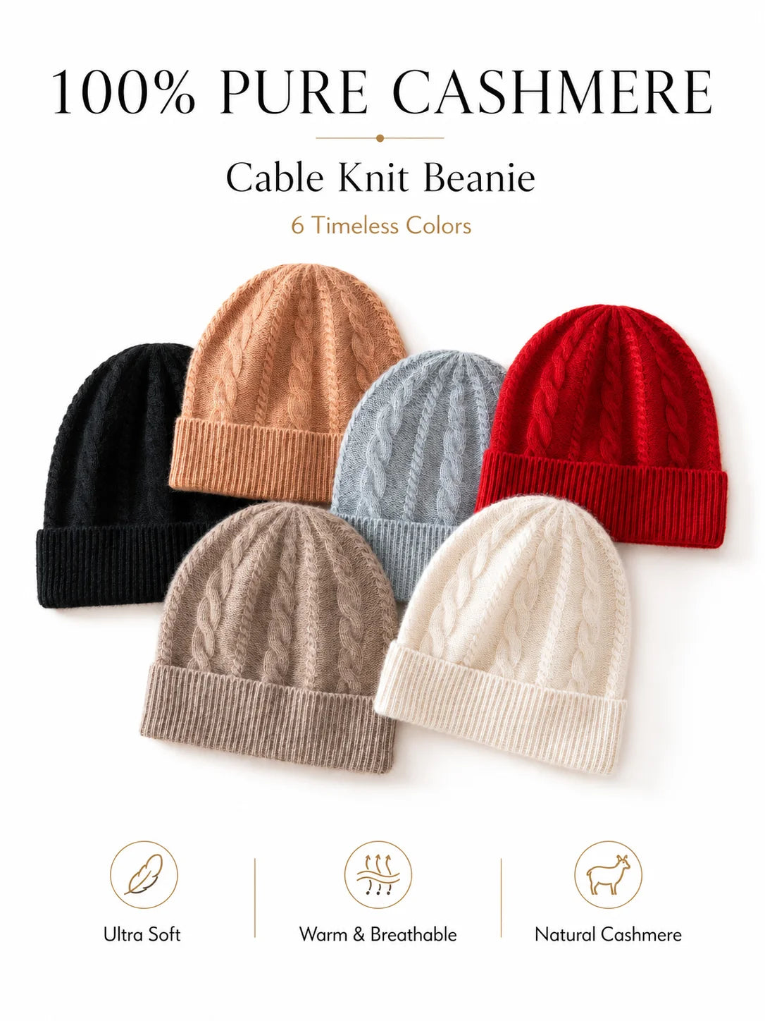 Gorro de punto trenzado 100% cachemira pura para mujer y hombre, suave y cálido para invierno, gorro clásico con puño acanalado, gorro unisex con puño plegado clásico