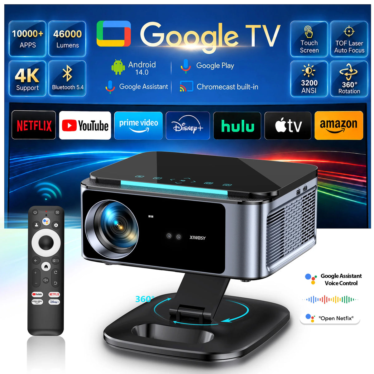 Proyector compacto con base y control remoto, carcasa gris, enfoque automático
