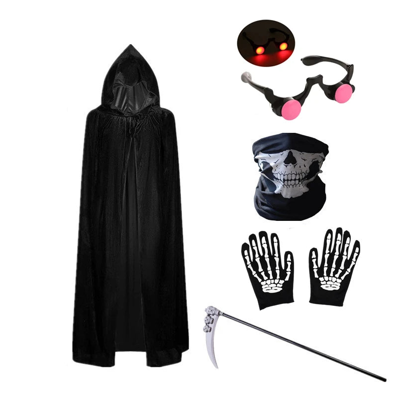Disfraz de miedo de Halloween, disfraz de Grim Reaper para niños, disfraz con ojos rojos brillantes y máscara de guantes