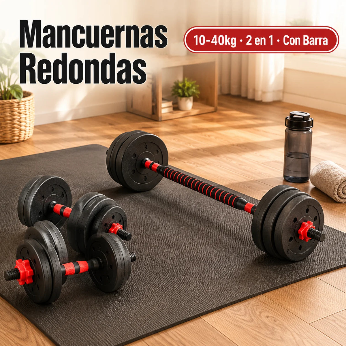 Mancuernas y Kit de Pesas 10kg 15kg 20kg 30kg 40kg, Juego de Pesas 2 en 1 con Barra Recta y Discos Recubiertos, Mancuernas para Fitness en Casa, Musculación, Entrenamiento de Fuerza, Ejercicios de Gimnasio y Deportivo