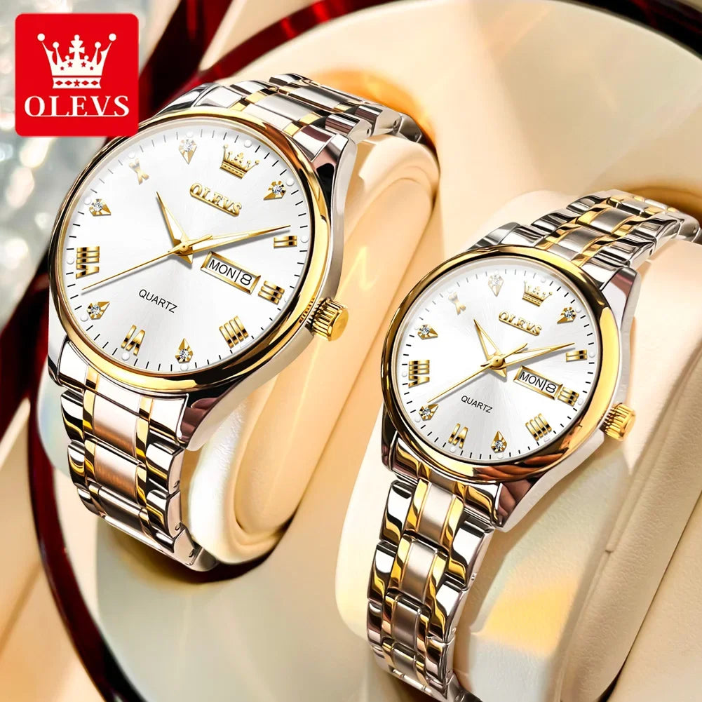 Relojes para pareja OLEVS de lujo, dorados con diamantes, calendario doble, resistentes al agua, reloj de cuarzo de marca de moda para citas, modelo 5563