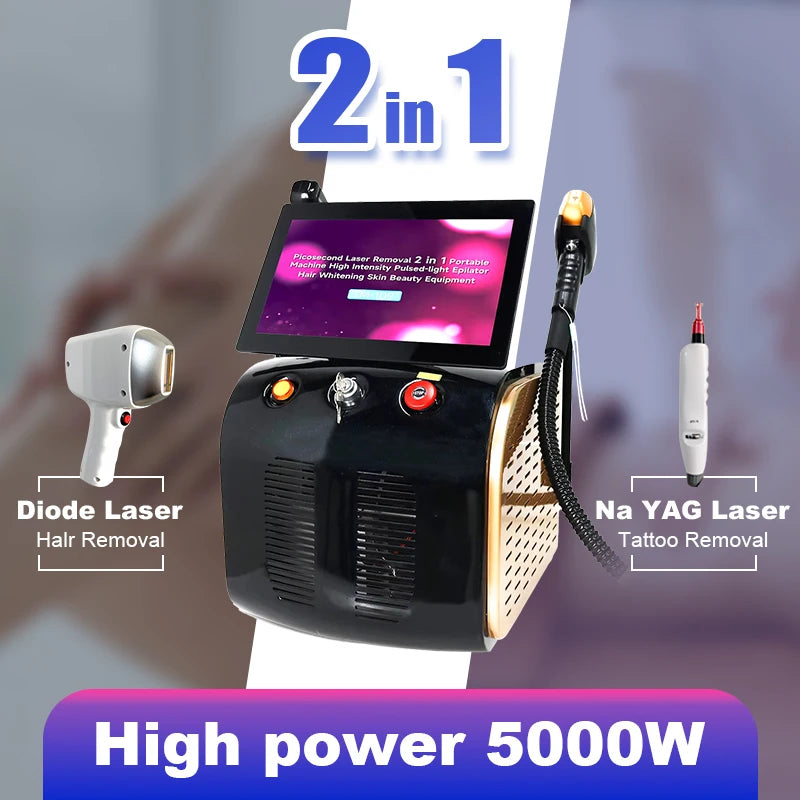 Máquina de Depilación Láser de Diodo 2 en 1 de 5000W y 10 Barras, Láser Pico ND YAG para Eliminación de Tatuajes y Cejas