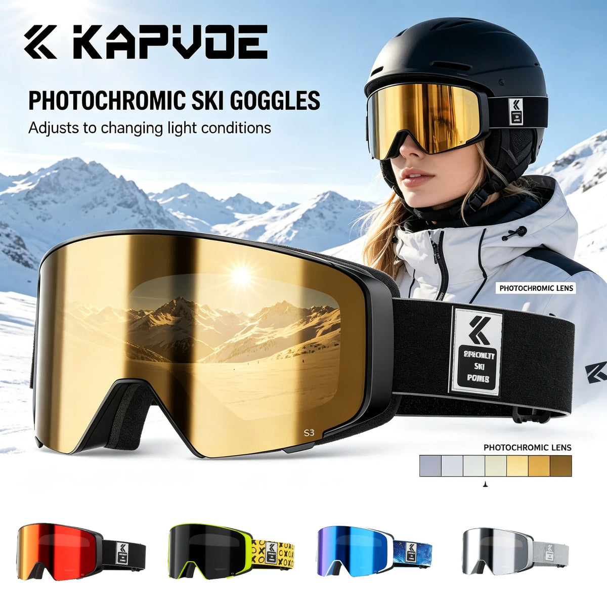 Gafas de Esquí Fotocromáticas Kapvoe, Gafas de Nieve para Snowboard, Esquí, Antivaho, UV400, Gafas para Moto de Nieve, Motocicleta, Hombre y Mujer