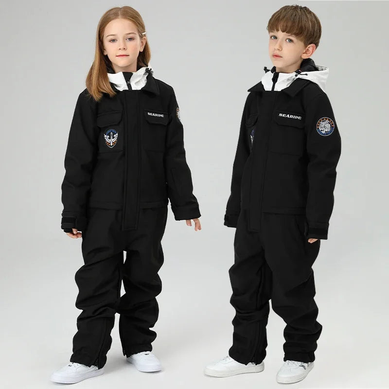 Traje de nieve de una pieza para niño, Mono de esquí con capucha, a prueba de viento, pantalones de Snowboard al aire libre, ropa de disfraz, Invierno