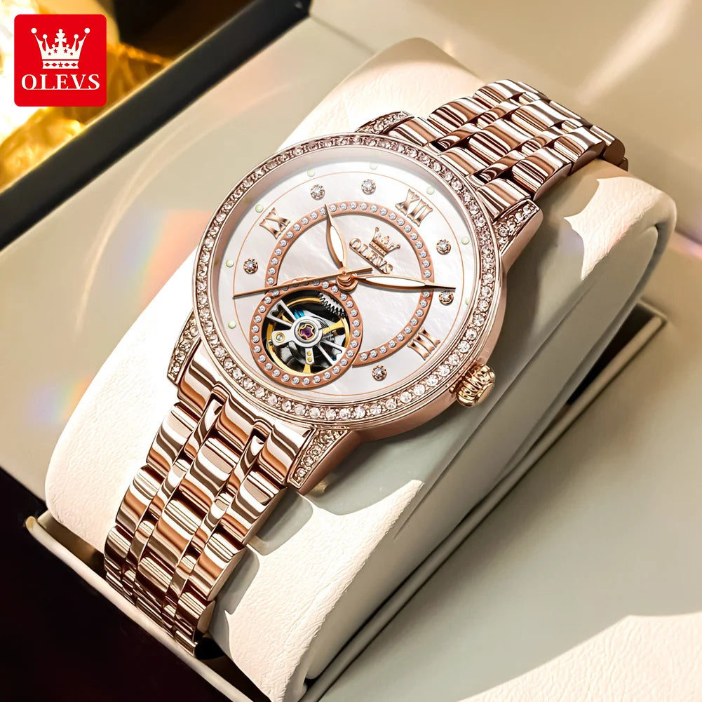 Reloj mecánico automático OLEVS 7036 para dama, esfera con diamantes, diseño de volante, marca TOP, elegante reloj para mujer, nueva tendencia