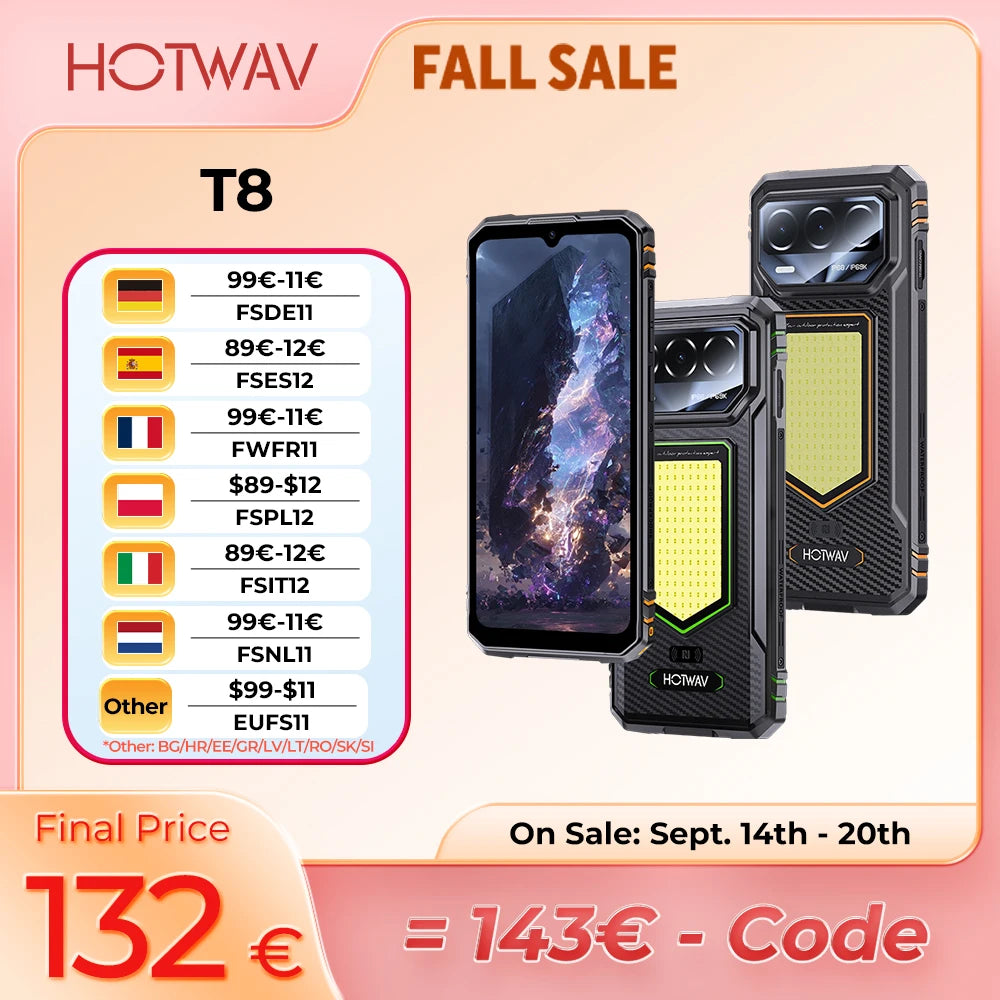 HOTWAV T8 IP68 & IP69K Smartphone Super Camping Light 6.75'' 120Hz 20MP Rear Camera NFC Octa-core Mobile Phone 6200mAh Battery 20W Fast Charging 4GB RAM 64GB ROM Self-Developed AI Toolset Android 16 Cellphone