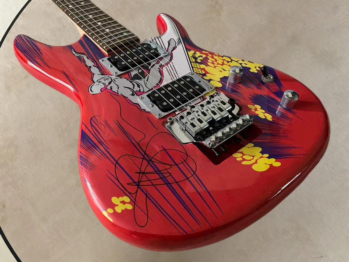 Guitarra eléctrica Joe de 6 cuerdas, color rojo brillante, muy popular, con puente FR Tremolo y conector de entrada (y conector de salida) en la parte inferior del cuerpo.