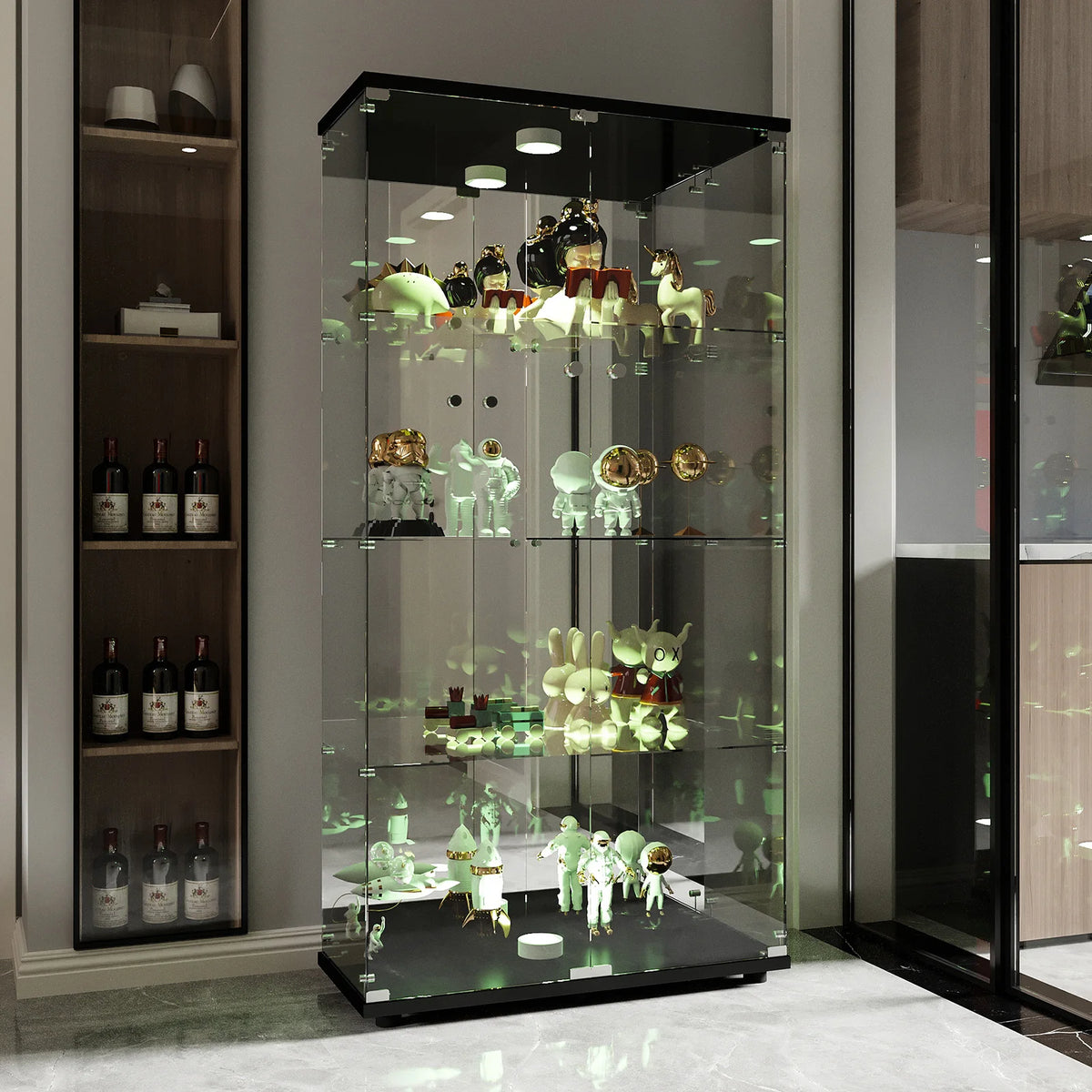 Vitrina de cristal templado de 4 niveles con cerradura Fangange, expositor de suelo de doble puerta, vitrina para coleccionables con luz LED opcional para sala de estar y oficina, negro / blanco