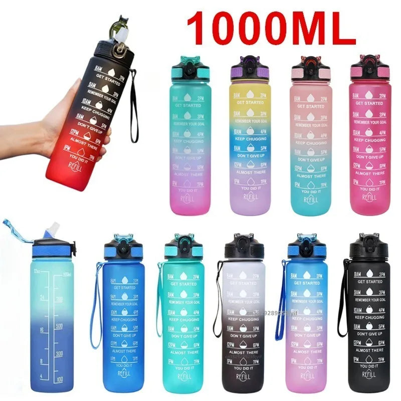 Botella de Agua de Plástico de 1000 ml con Degradado de Color y Pajita, Botella de Agua Deportiva a Prueba de Fugas para Viajes al Aire Libre, Fitness y Ciclismo