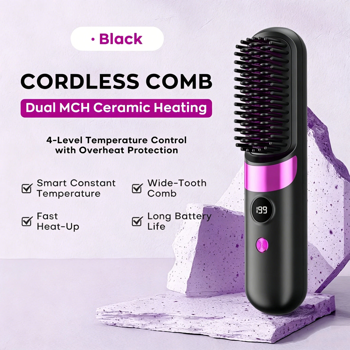 Cepillo Alisador de Cabello Portátil, Inalámbrico con Carga USB, Peine Caliente con Revestimiento Cerámico, Herramienta de Peinado Iónica Anti-Frizz