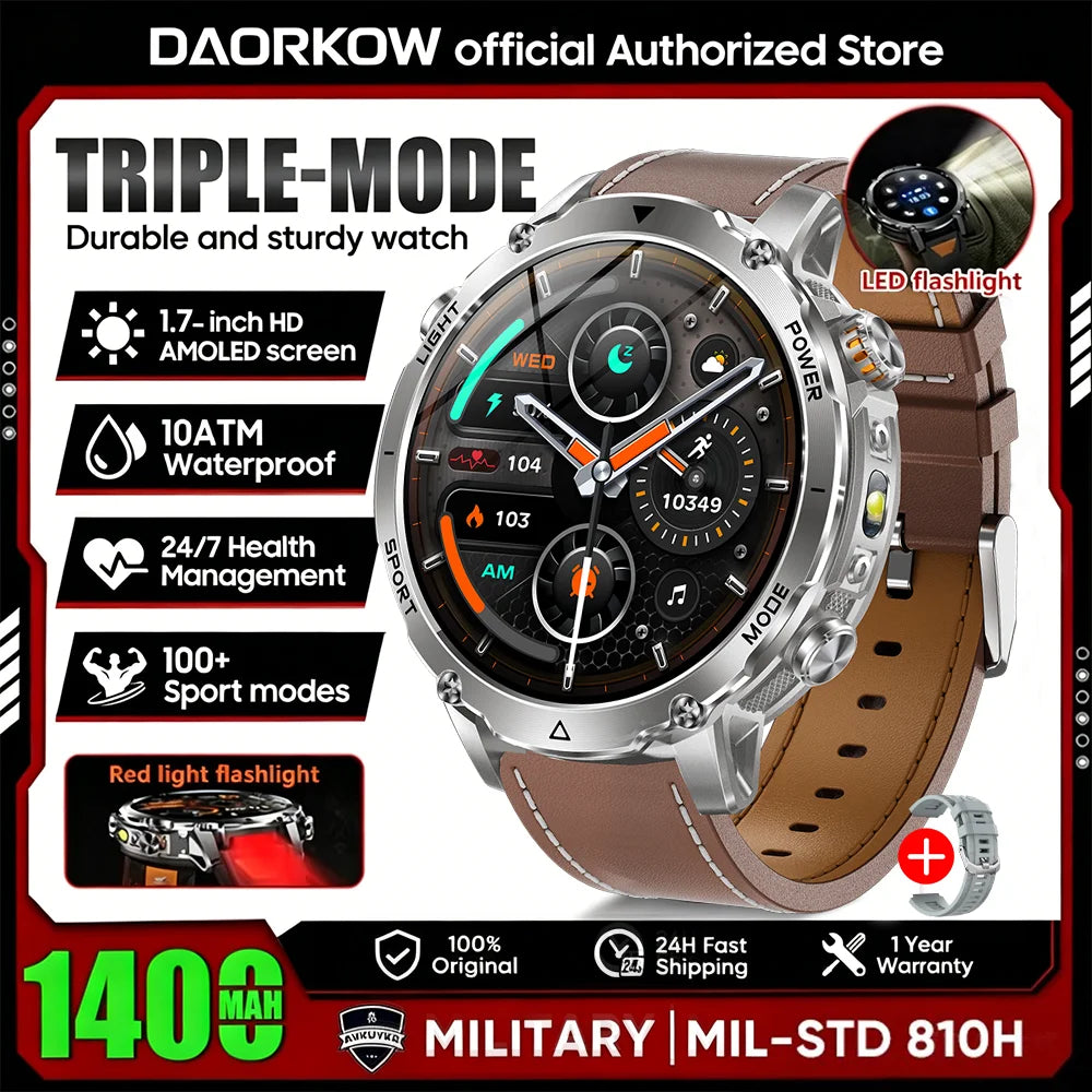 Reloj inteligente militar 2026, batería de 1400 mAh, linterna exterior para hombre, resistente al agua IPX8, más de 100 deportes, llamadas Bluetooth, pulsera de fitness