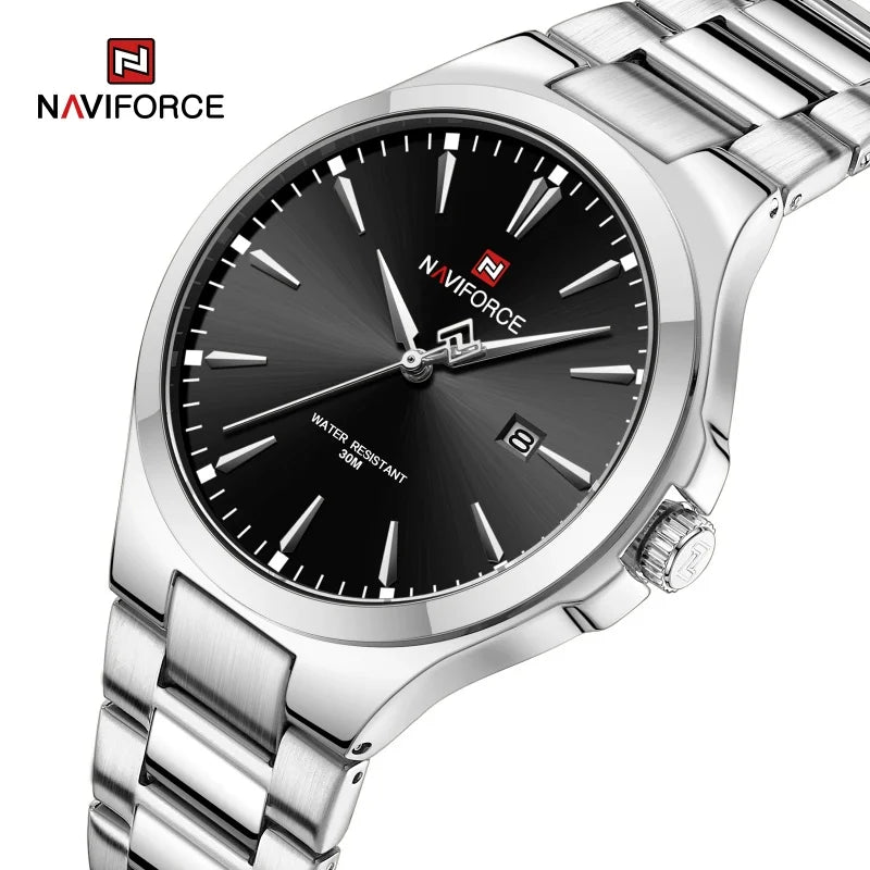Relojes de hombre NAVIFORCE de diseño original, estilo casual, acero inoxidable, calendario simple, reloj de pulsera impermeable para hombre.