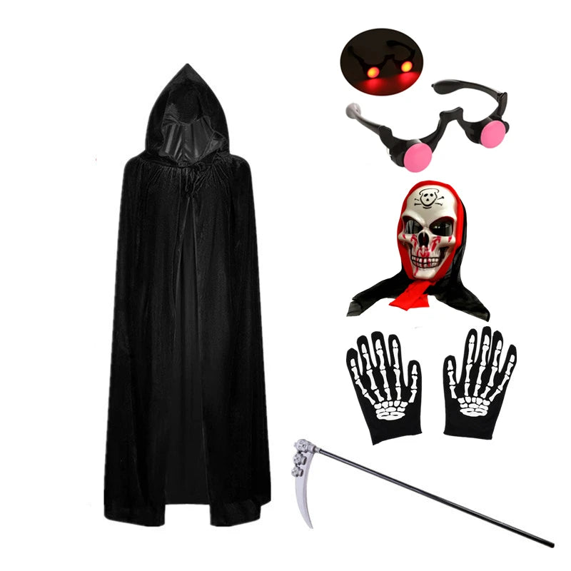 Disfraz de miedo de Halloween, disfraz de Grim Reaper para niños, disfraz con ojos rojos brillantes y máscara de guantes