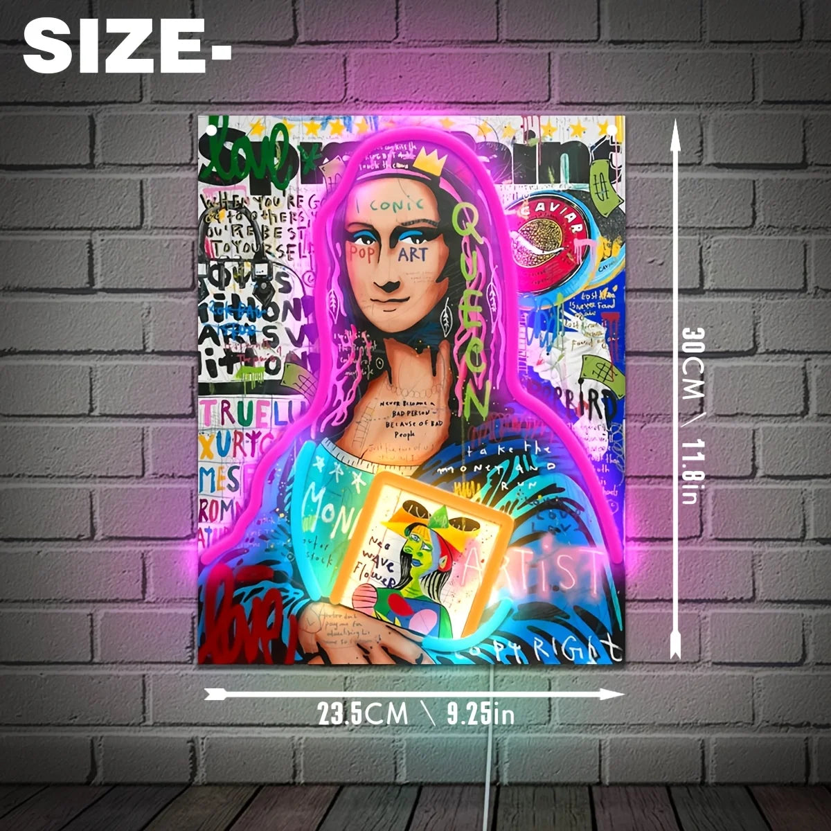 Cartel de luz LED tipo neón con retrato pop art, tamaño 23,5 cm y 30 cm.