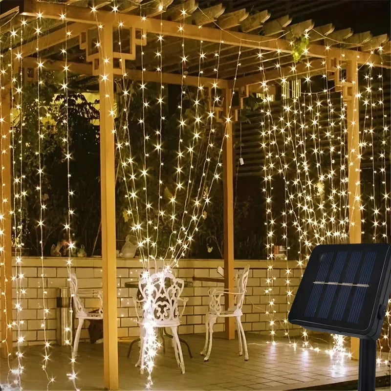 Cortina de luces LED solares impermeables para exteriores, 600 LED, guirnalda decorativa, luces de cadena para patio, Navidad, bodas, fiestas, terraza y jardín