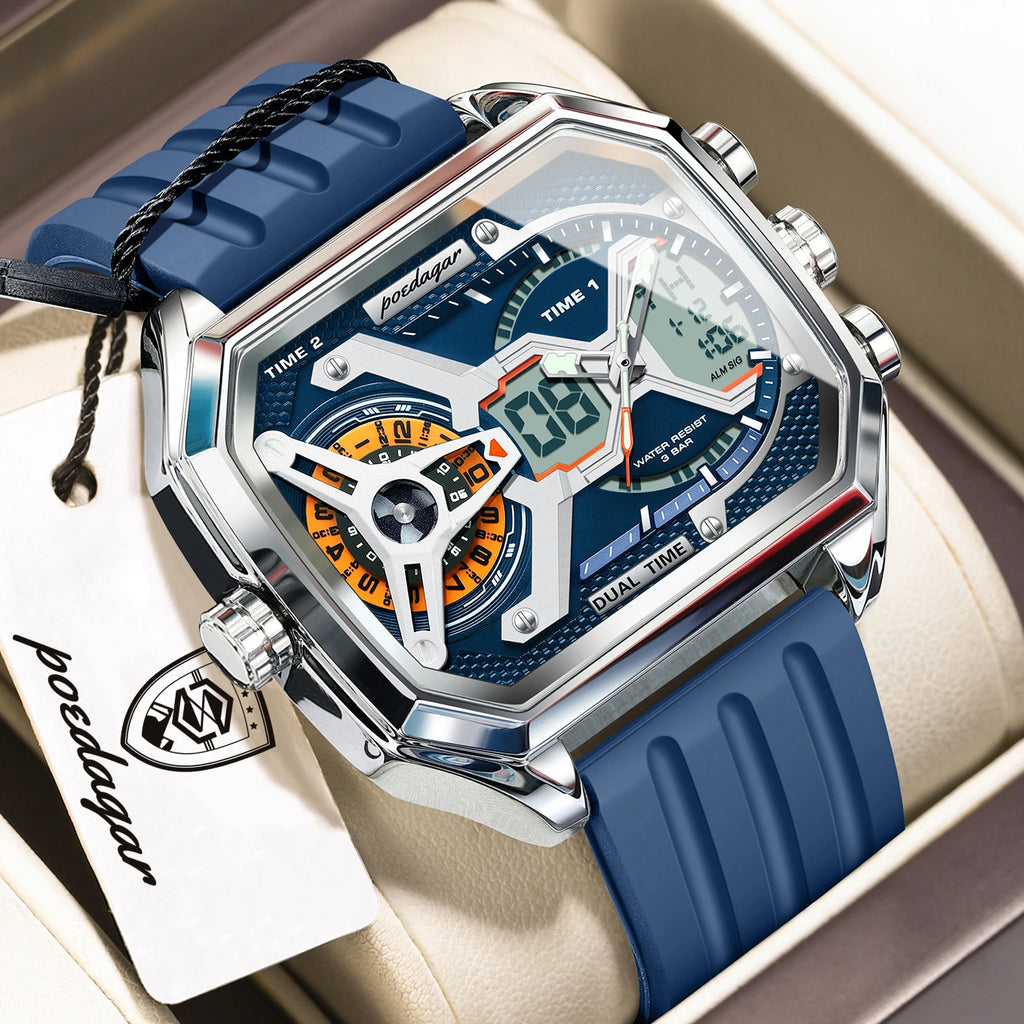 Reloj de pulsera deportivo de cuarzo para hombre POEDAGAR, moda, fecha, semana, luminoso, LED digital, reloj electrónico para hombre, hora dual, relojes casuales para hombre
