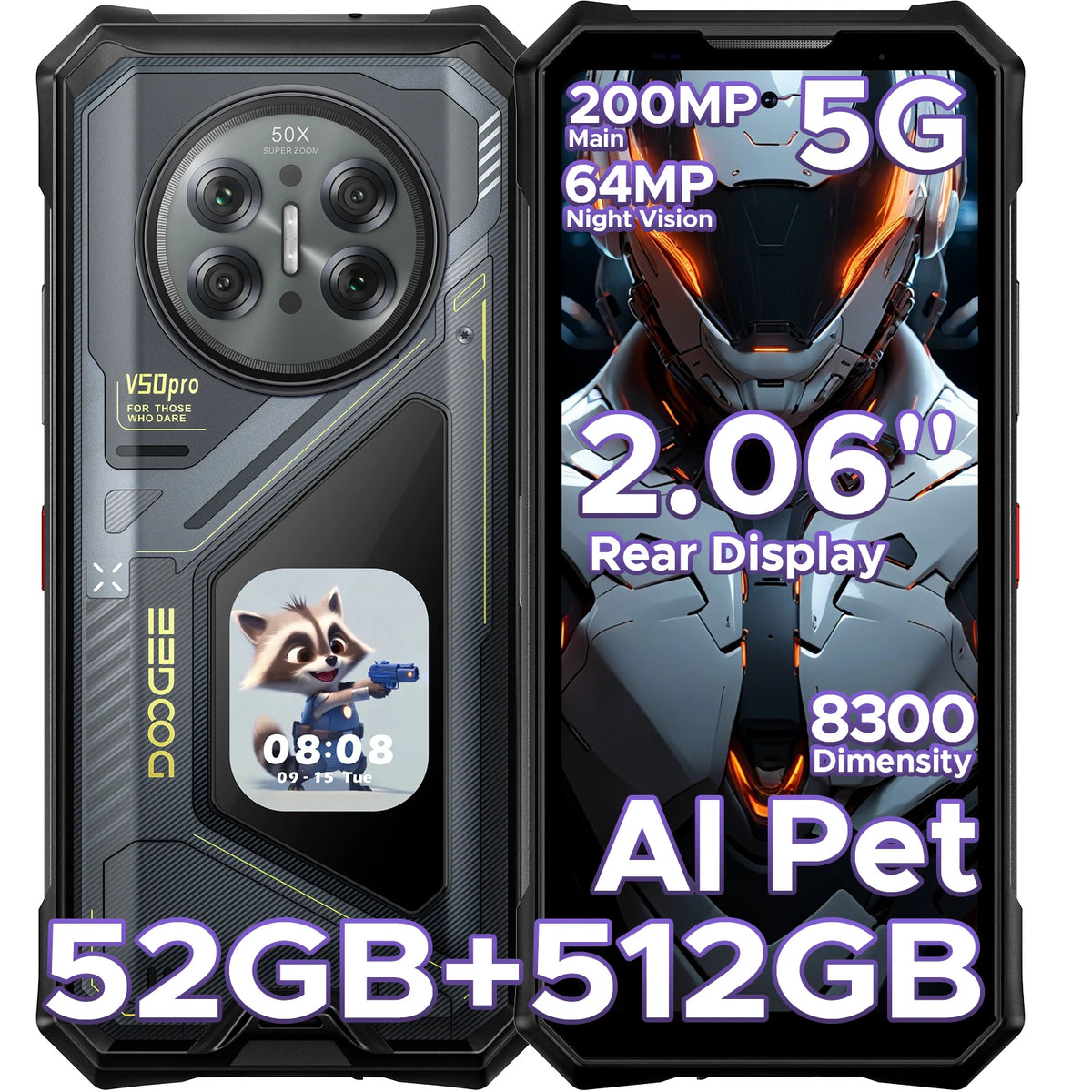 DOOGEE V50 Pro 5G AI Rugged Phone 6.78" Dimensity 8300 52GB RAM(16+36) 1TB ROM with 2.06" AMOLED Multi-function Rear Display 200MP Camera 64MP Night Vision Camera Android 16 Supports Walkie Talkie
