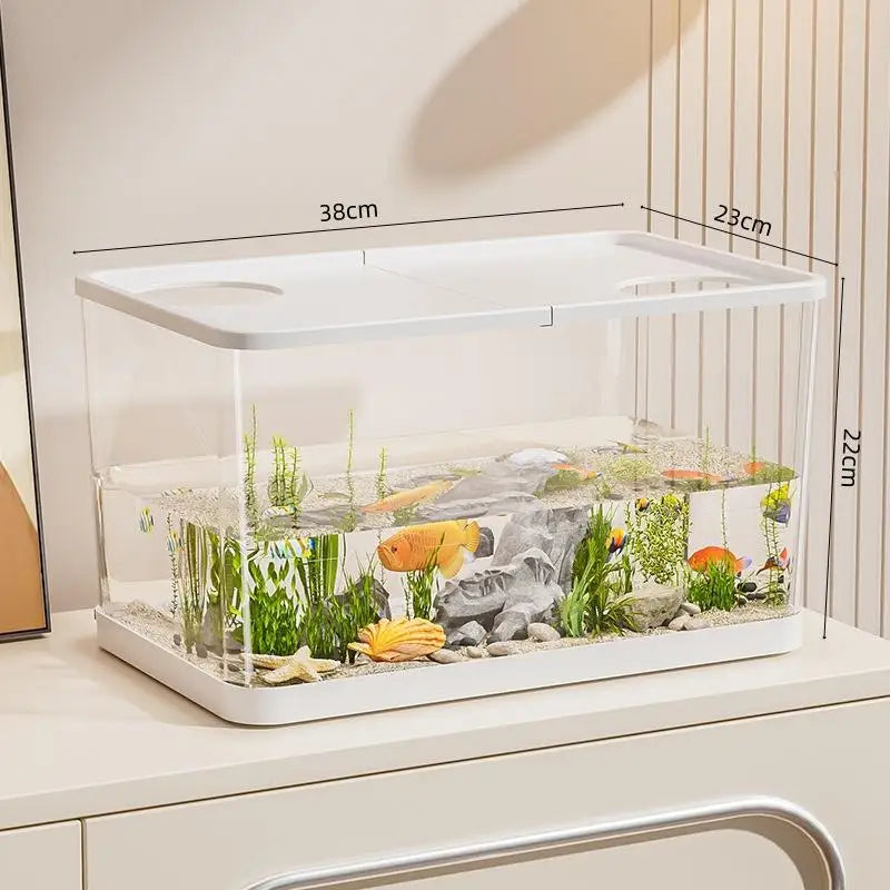 【E】Mini pecera de PET transparente, acuario hidropónico resistente a caídas con tapa, tanque ecológico de escritorio para el hogar, acuario fácil de mantener para tortugas
