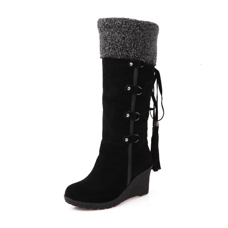 Botas altas para Mujer, Botas Largas con cordones y borlas, Botas de nieve con cuña y plataforma, Botas cálidas de algodón para Mujer 2022