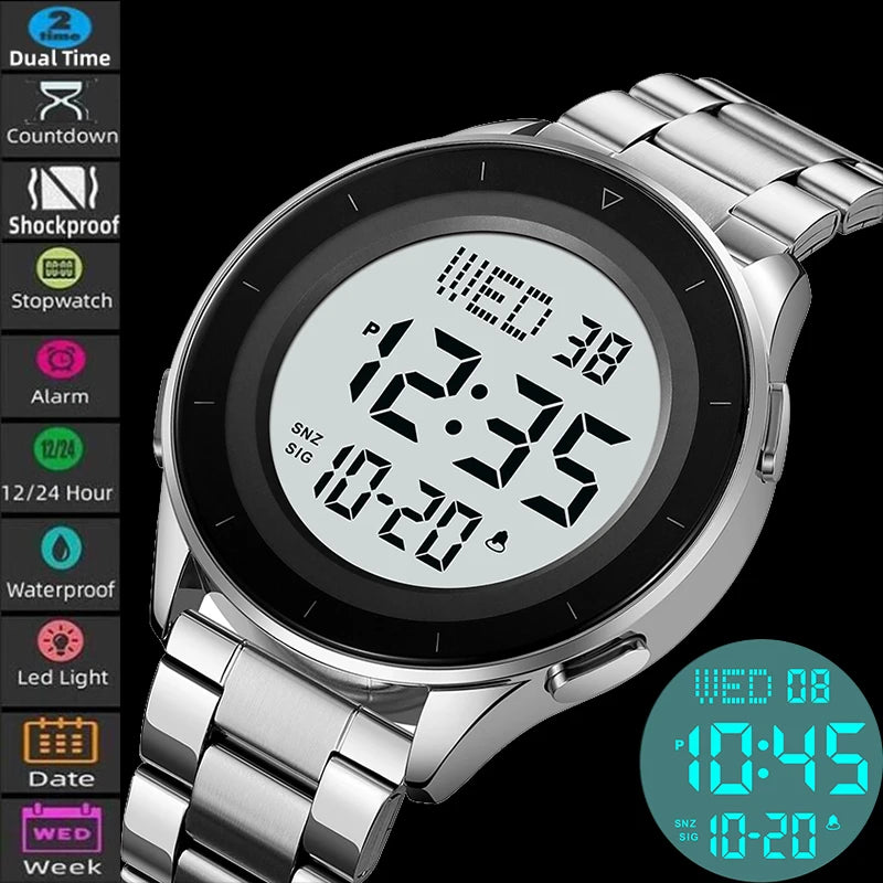 Reloj de pulsera digital LED con doble zona horaria Skmei, correa de acero de lujo, resistente al agua 3Bar, reloj deportivo militar para hombre con alarma