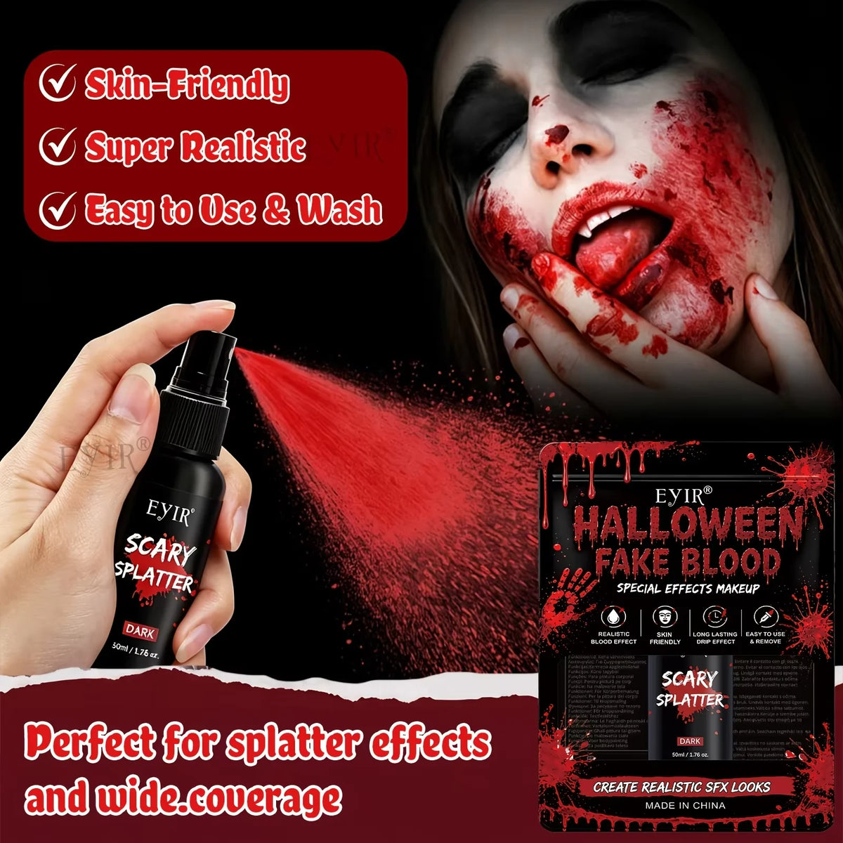 EYIR Kit de Maquillaje SFX Especial Halloween con Spray de Sangre Falsa Gel de Costra Pegatinas de Heridas 3D Esponja para Cosplay Maquillaje de Terror