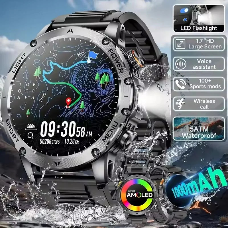 Reloj inteligente deportivo para exteriores con GPS 2026, pantalla AMOLED, linterna LED, frecuencia cardíaca, resistente al agua, llamadas por Bluetooth, batería de 1000 mAh, para hombre