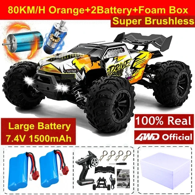 Camión RC 4x4 todoterreno naranja con llantas negras y calcomanías, 2 baterías.