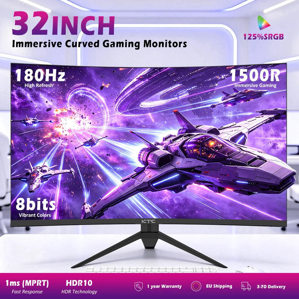 Monitor curvo para juegos KTC 32' 1500R H32S17 (popular), 2560x1440 QHD 180Hz, 16:9 ELED 99% SRGB HDR10, tiempo de respuesta de 1 ms MPRT, compatible con FreeSync y G-SYNC, USB HDMI 2.0 2xDP 1.4 salida de audio, ajuste flexib
