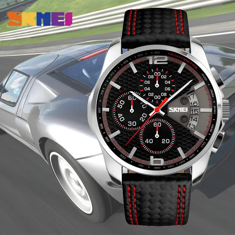 Reloj de pulsera de cuarzo Skmei, marca de lujo con correa de piel, resistente al agua 5Bar, estilo deportivo y elegante para hombre 9106