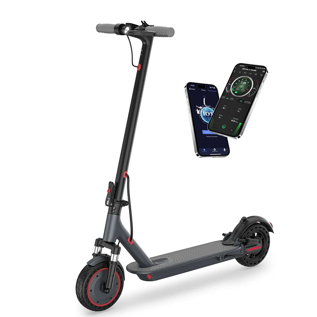 Patinete eléctrico gris oscuro de perfil con manillar, rueda delantera y plataforma