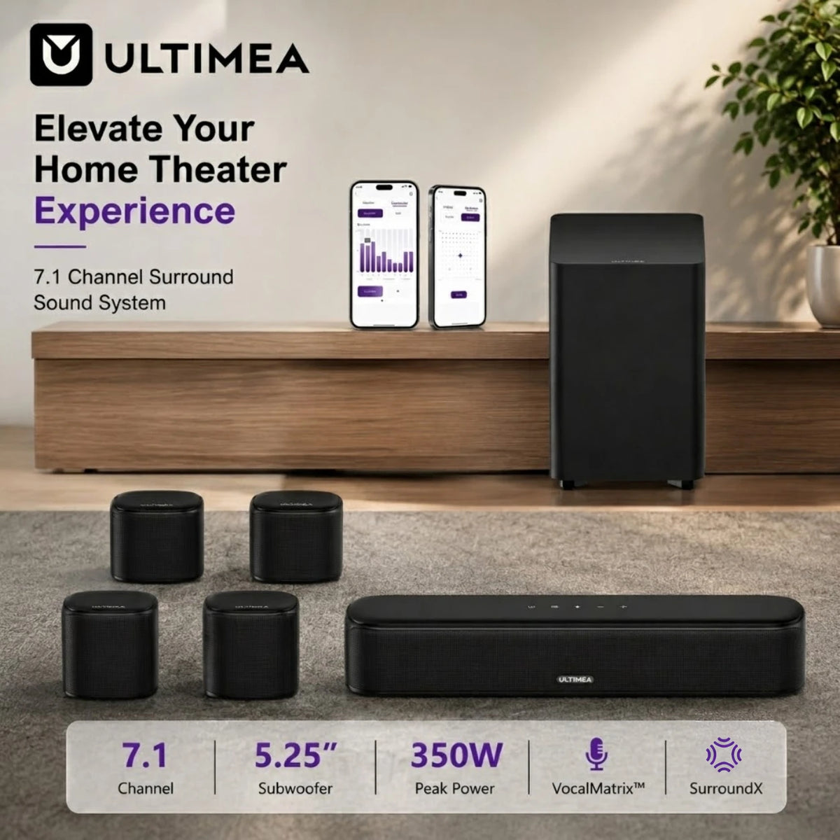 Barra de sonido envolvente ULTIMEA 7.1 con control mediante aplicación, barra de sonido de 350 W para televisores inteligentes, con un subwoofer mejorado de 5,25 pulgadas y 4 altavoces envolventes.