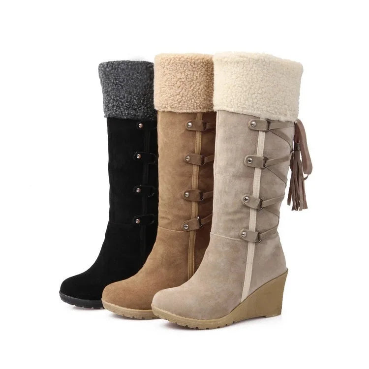 Botas altas para Mujer, Botas Largas con cordones y borlas, Botas de nieve con cuña y plataforma, Botas cálidas de algodón para Mujer 2022