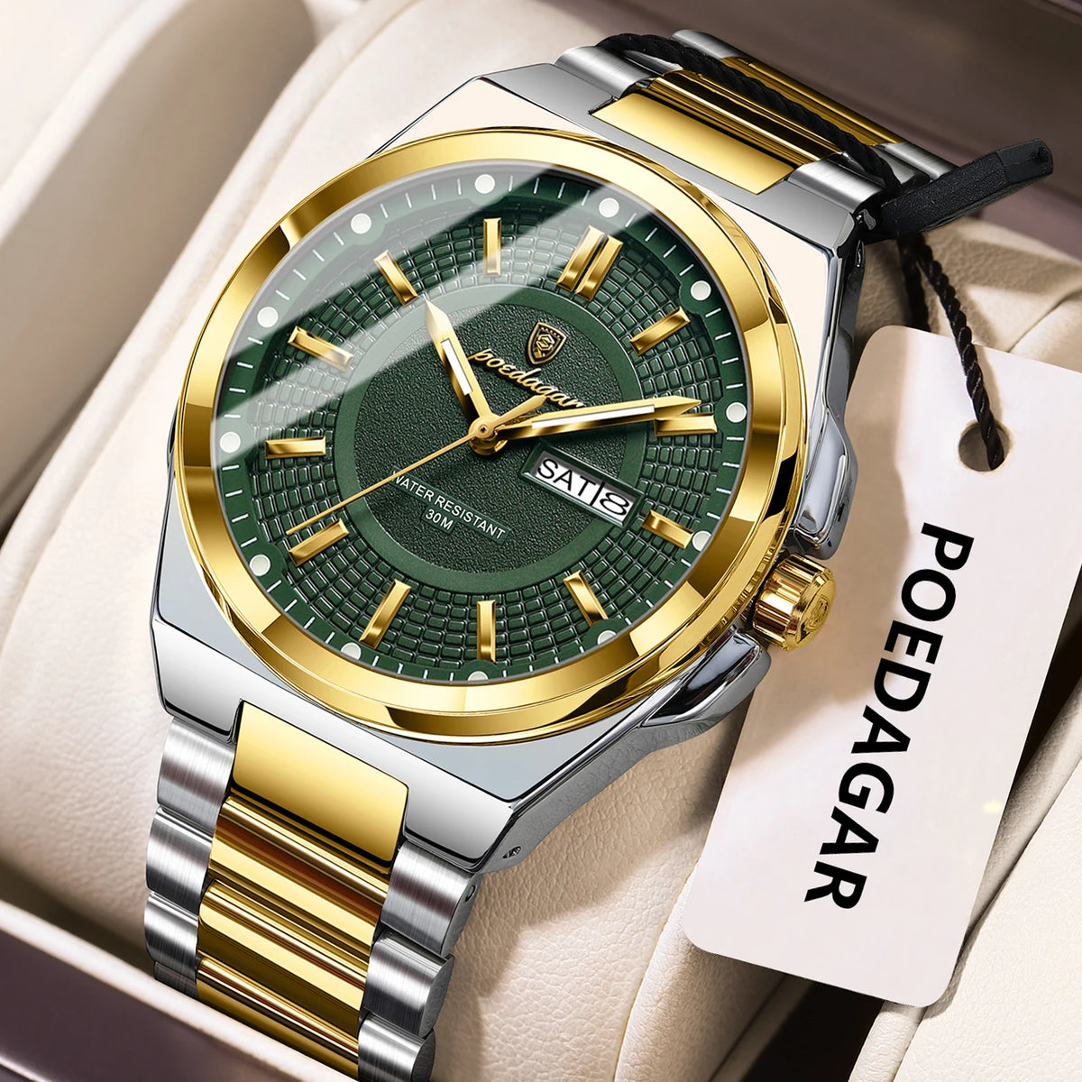Reloj de pulsera deportivo original POEDAGAR para hombre, de cuarzo, fecha, semana, de lujo, resistente al agua, luminoso, de acero inoxidable