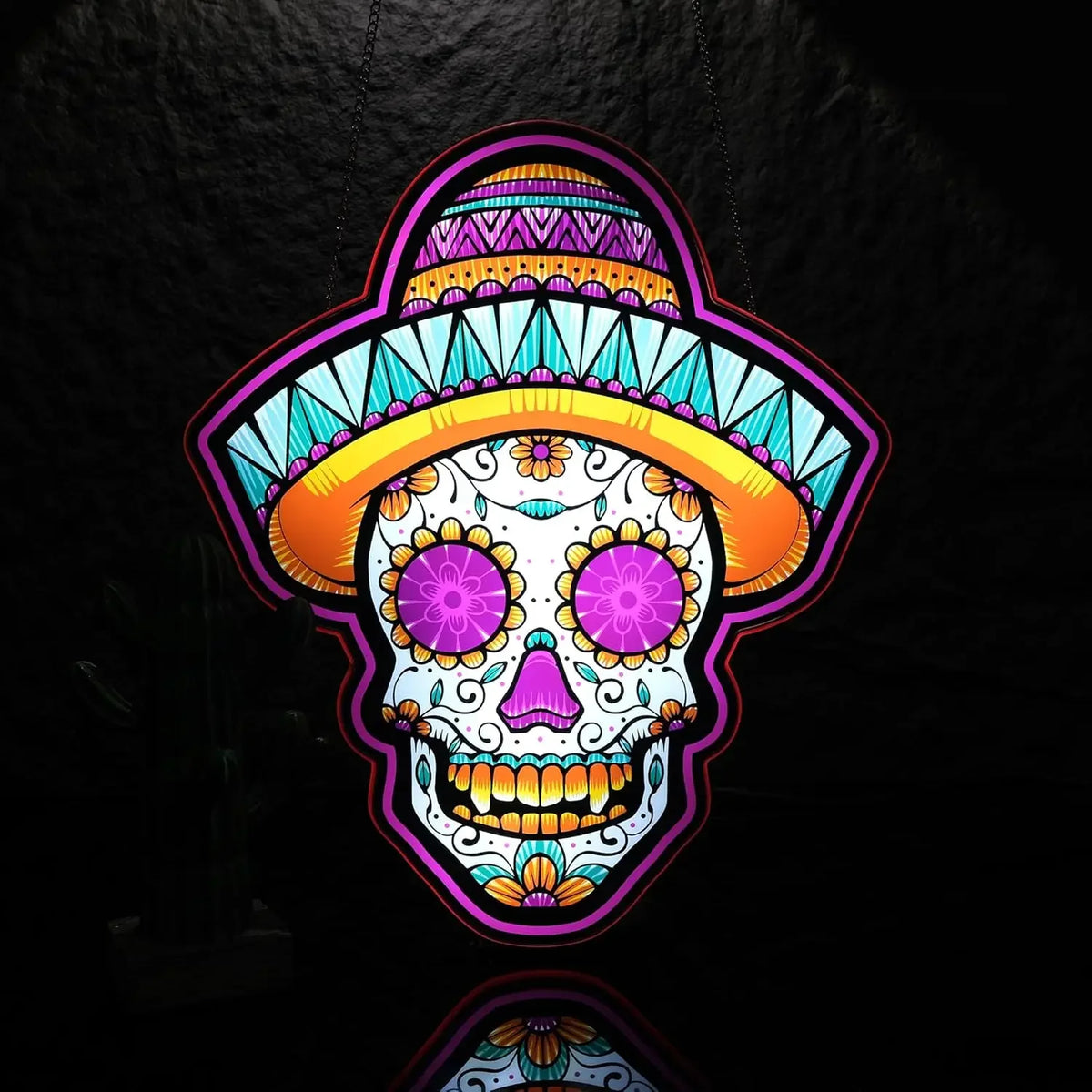 Letrero de neón con calavera decorativa, contorno morado y colores multicolor