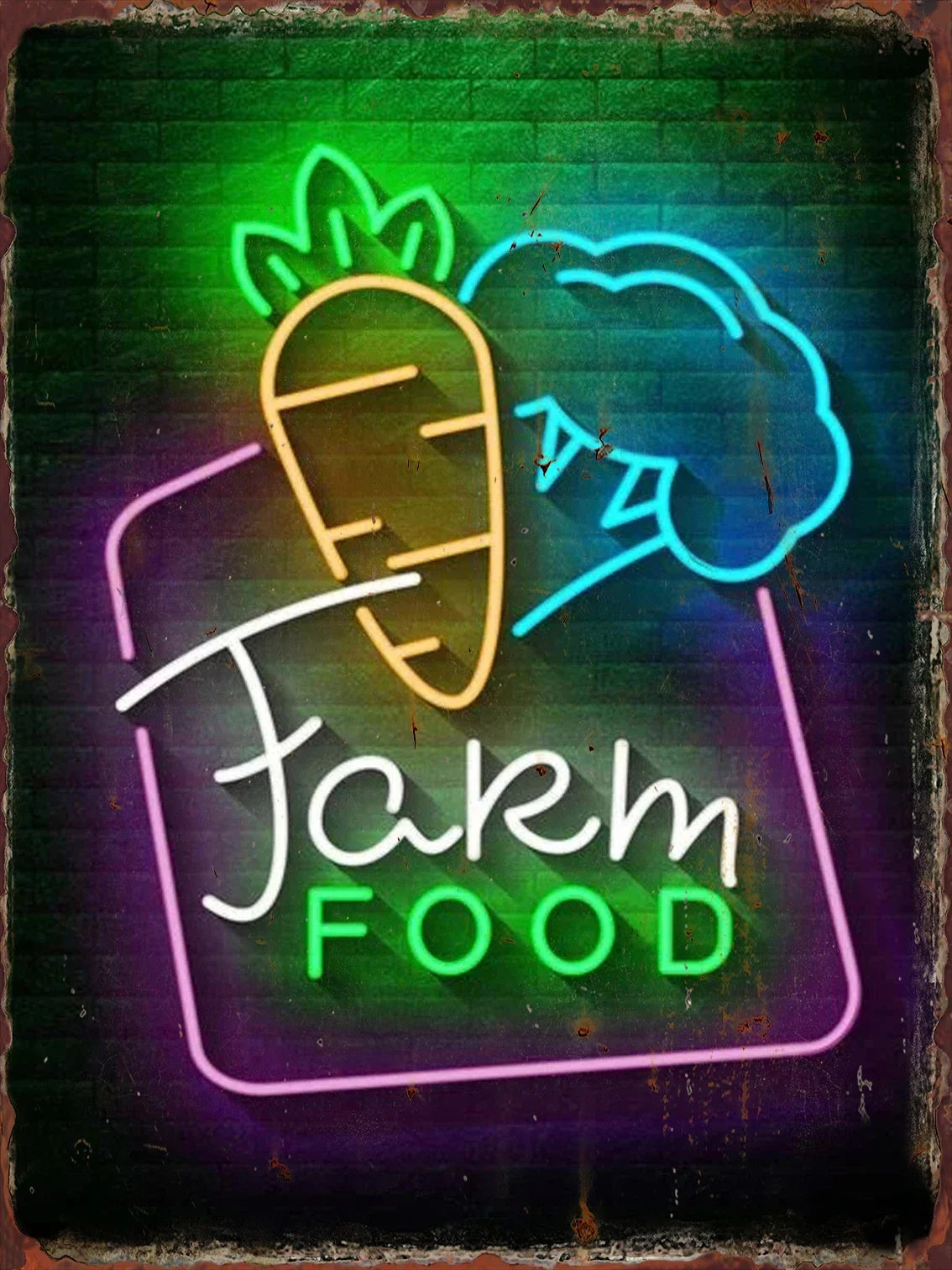 Cartel de hojalata con letrero neón “Farm FOOD” y figuras de alimentos