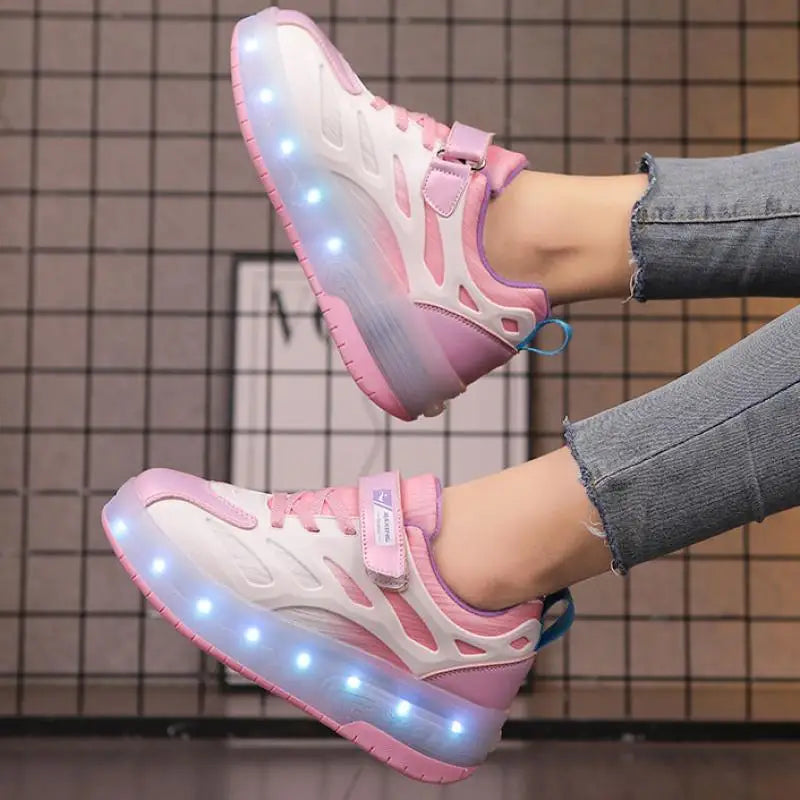 Zapatos de 2 ruedas con luces LED, patines en línea para niños y niñas, patinaje al aire libre, Parkour Runaway, talla de zapatillas 29 30 31 32 33 34 35-40
