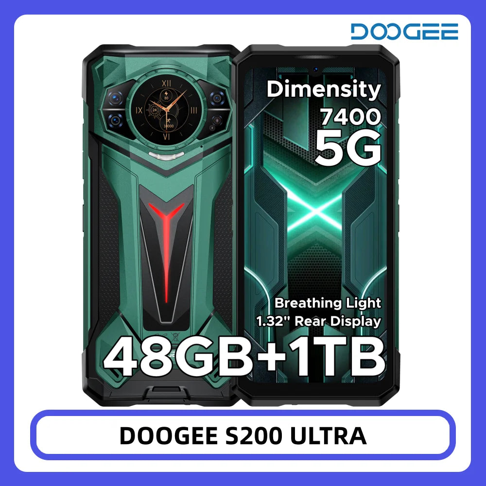 Smartphone robusto DOOGEE S200 Ultra 5G 48GB+1TB, efecto de luz, pantalla trasera de 1.34", Dimensity 7400, batería de 11000mAh, 66W, NFC